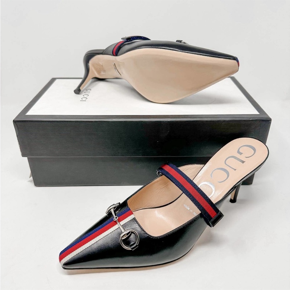 Gucci Emma Horsebit Black Leather Web Trim Kitten Heel Mules Sandals NEW